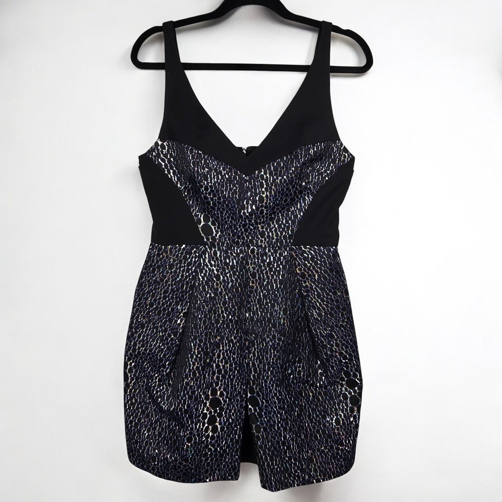 FRENCH‎ CONNECTION Sheath Dress Black Blue Metallic Jacquard Women US 8 Cocktail